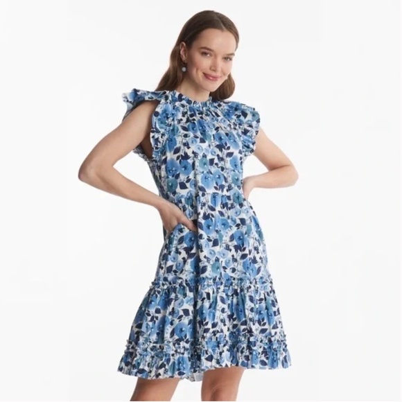 Tyler Böe Ursula Tiered Mini Dress in Blue Poppies Floral Size Large
